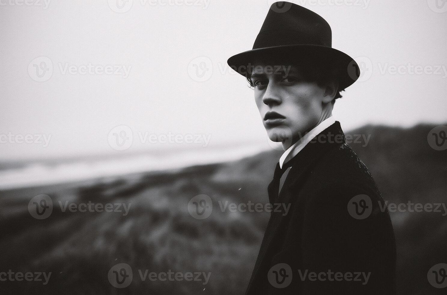 ai gerado moda retrato do jovem homem dentro Preto casaco e chapéu. Preto e branco foto. foto