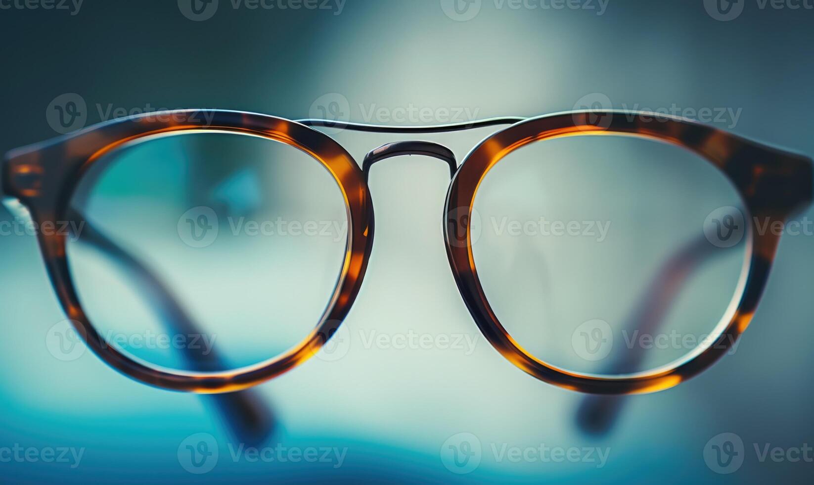 ai gerado óculos em mesa dentro a escritório com azul bokeh fundo foto