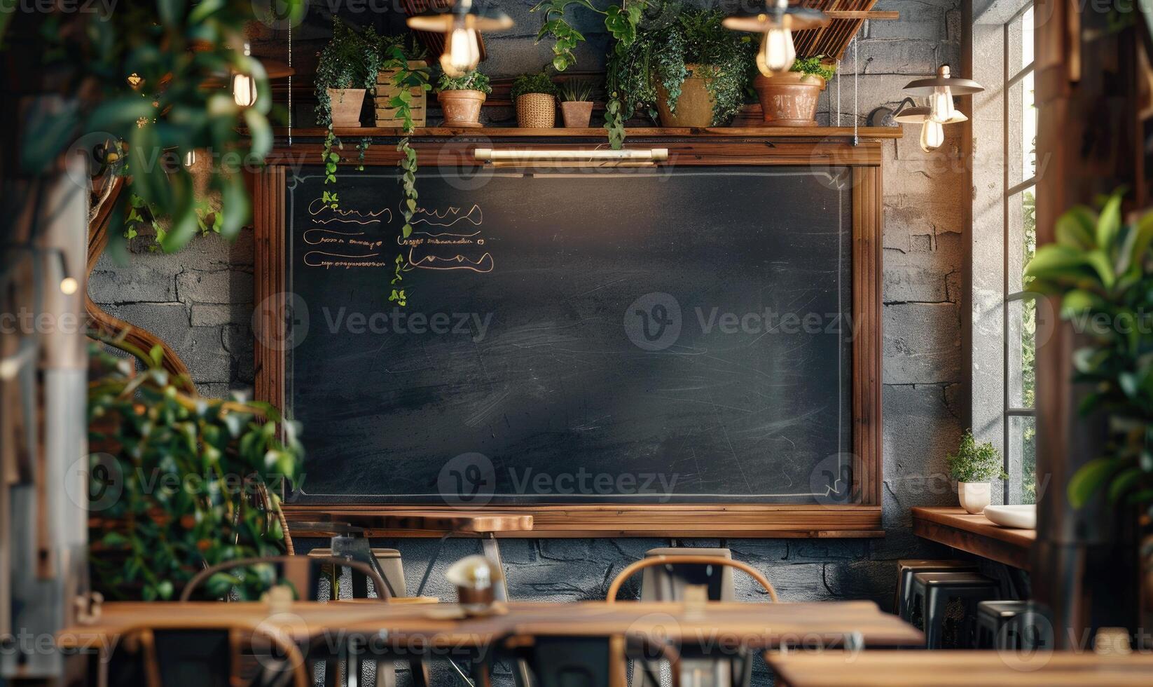 ai gerado esvaziar de madeira borda em mesa dentro cafeteria, fechar-se. espaço para texto. zombar acima para cardápio ou Projeto foto