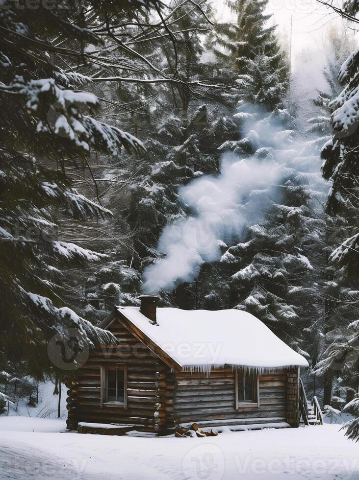 ai gerado velho de madeira casa dentro a floresta. inverno panorama. vintage estilo foto