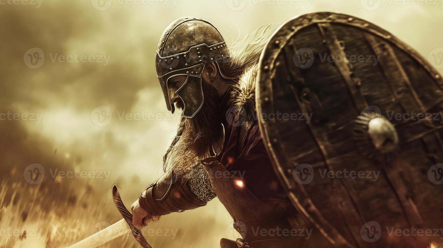 ai gerado antigo viking Guerreiro com uma espada e escudo. generativo ai foto