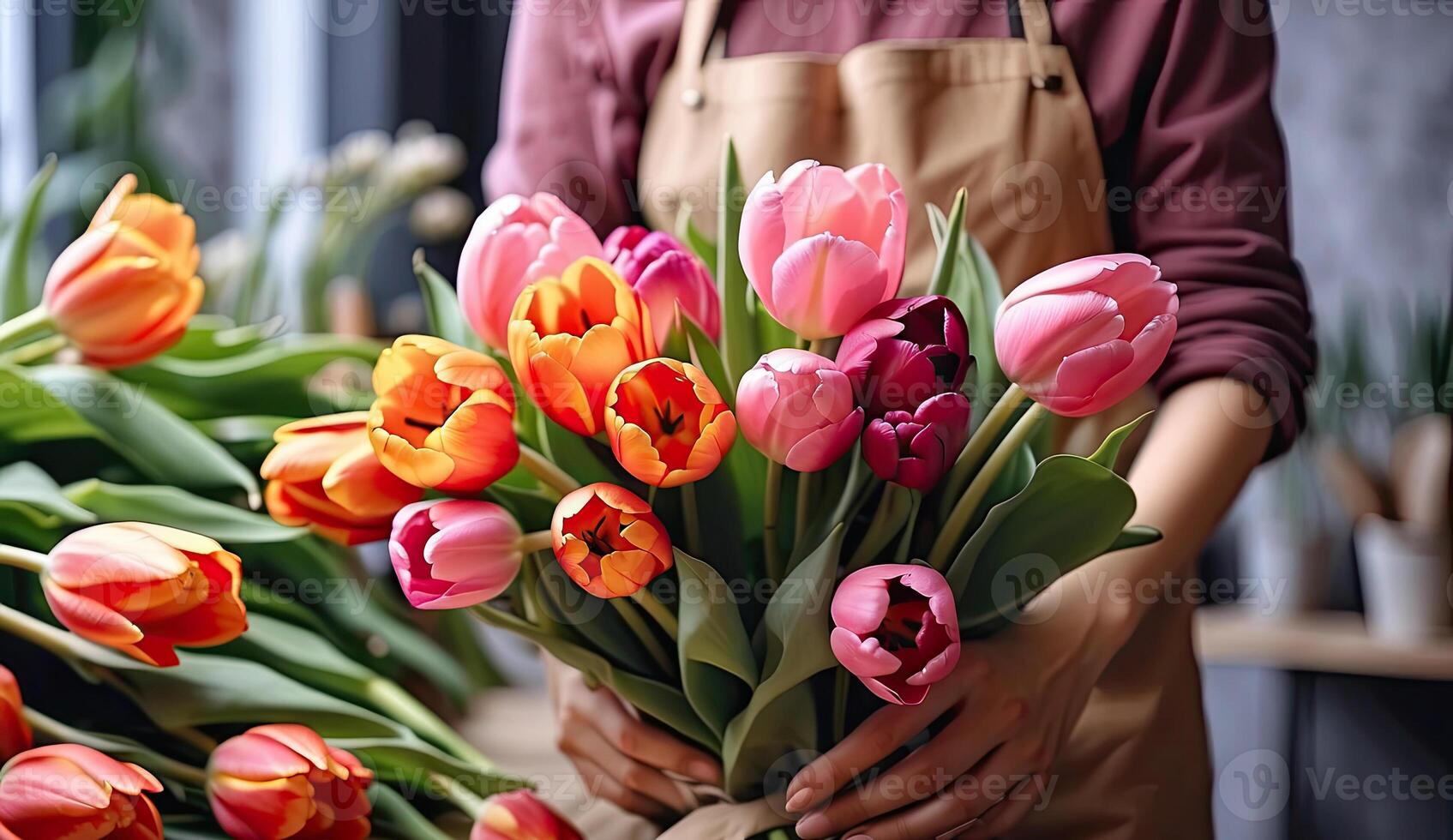 ai gerado uma fêmea florista coleta uma ramalhete do tulipas - fresco cortar flores dentro caixas e vasos dentro uma armazém e prateleiras para oferta, Entrega para a feriado. primavera, marcha 8, mulheres dia, aniversário. foto