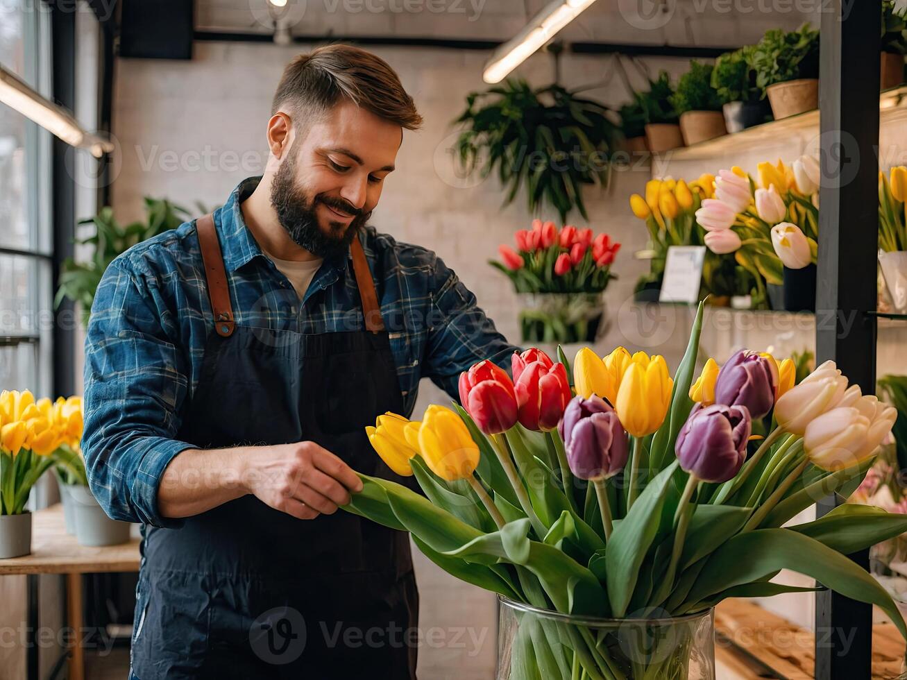 ai gerado homem florista coleta uma ramalhete do tulipas - fresco cortar flores dentro caixas e vasos dentro uma armazém e prateleiras para oferta, Entrega para a feriado. primavera, marcha 8, mulheres dia, aniversário foto