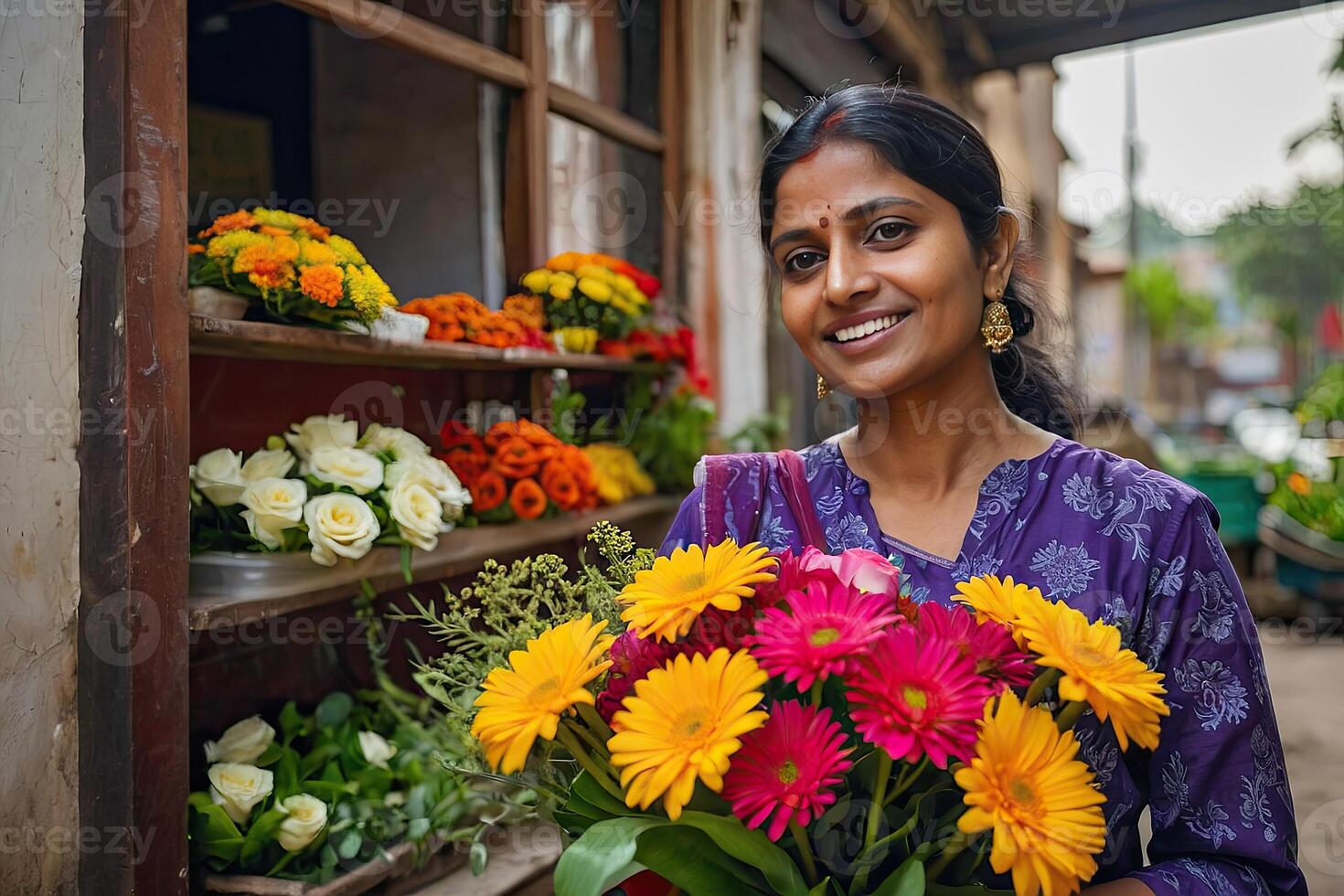 ai gerado indiano mulher florista coleta ramalhete do Primavera flor- fresco cortar flores dentro vasos dentro armazém e prateleiras para oferta, Entrega para feriado. primavera, marcha 8, mulheres dia, aniversário. foto