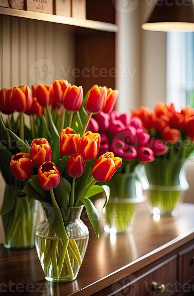 ai gerado colorida buquês do tulipas dentro uma flor fazer compras - fresco cortar flores dentro caixas e vasos dentro uma armazém e prateleiras para oferta, Entrega para a feriado. primavera, marcha 8, mulheres dia, aniversário. foto