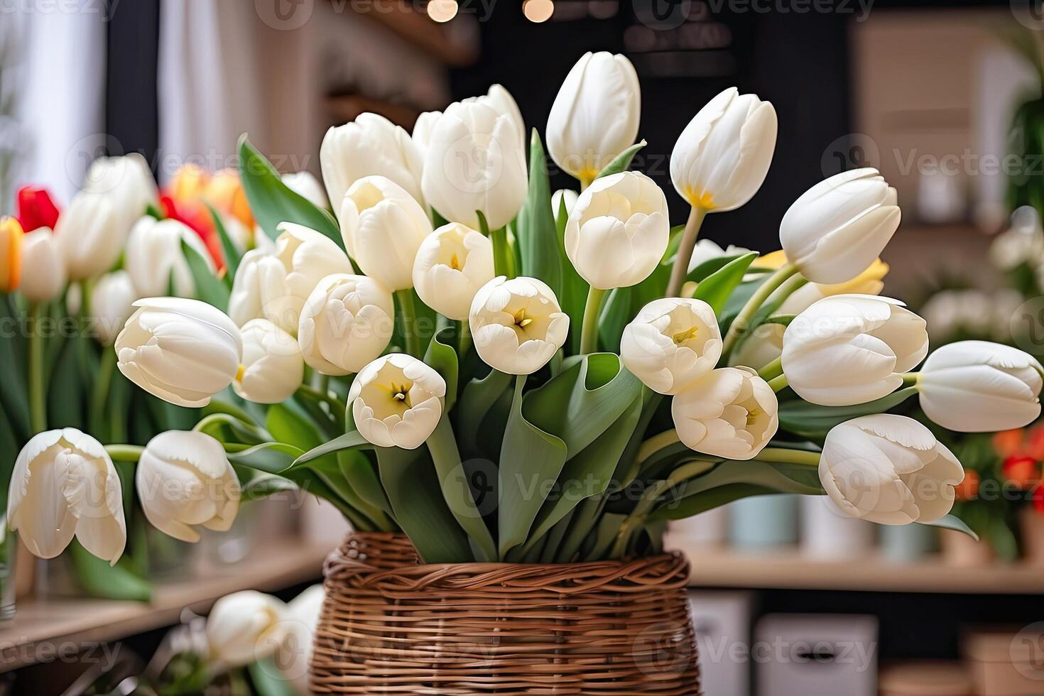 ai gerado branco buquês do tulipas dentro uma flor fazer compras - fresco cortar flores dentro caixas e vasos dentro uma armazém e prateleiras para oferta, Entrega para a feriado. primavera, marcha 8, mulheres dia, aniversário. foto