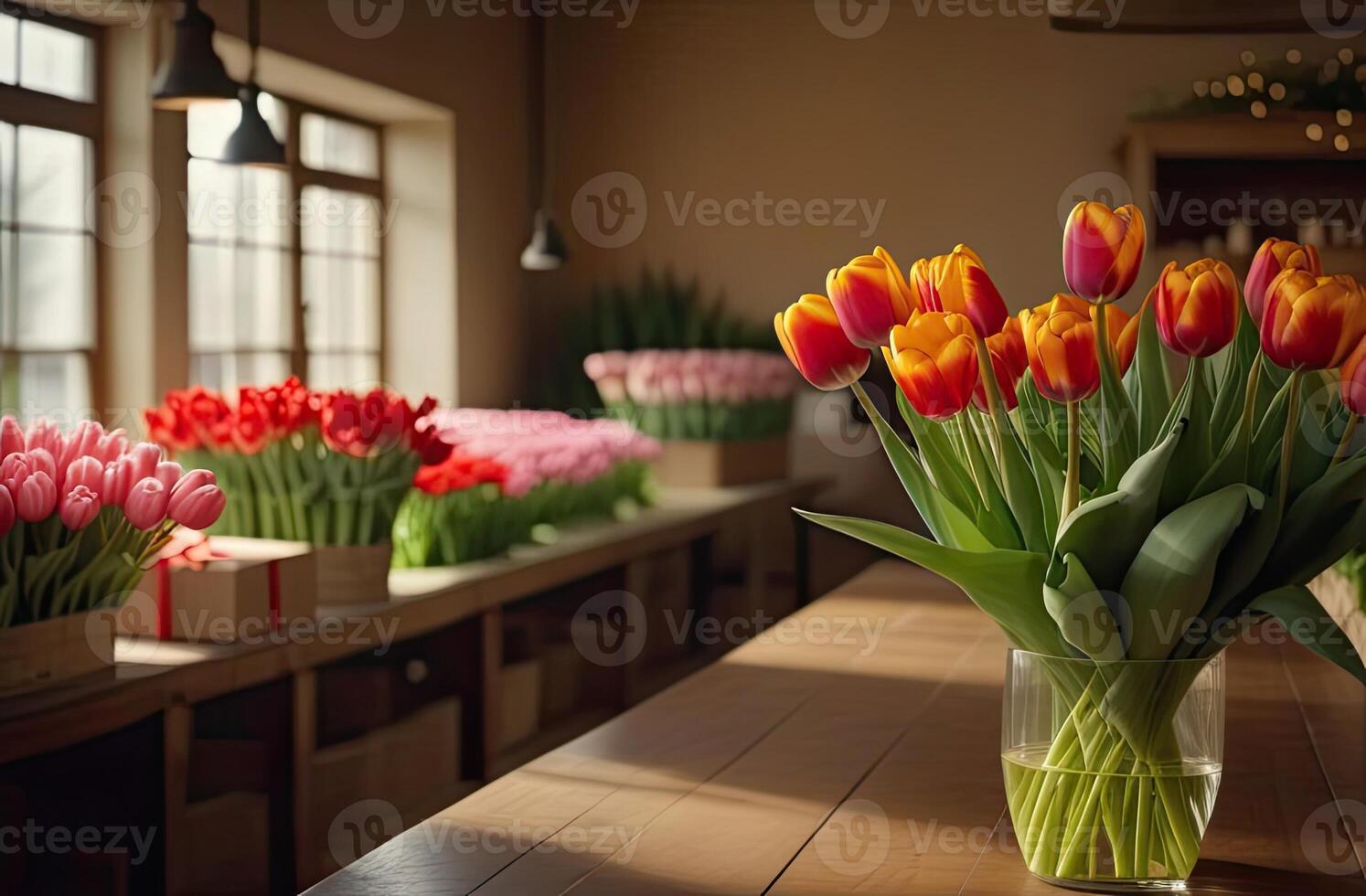 ai gerado colorida buquês do tulipas dentro uma flor fazer compras - fresco cortar flores dentro caixas e vasos dentro uma armazém e prateleiras para oferta, Entrega para a feriado. primavera, marcha 8, mulheres dia, aniversário. foto