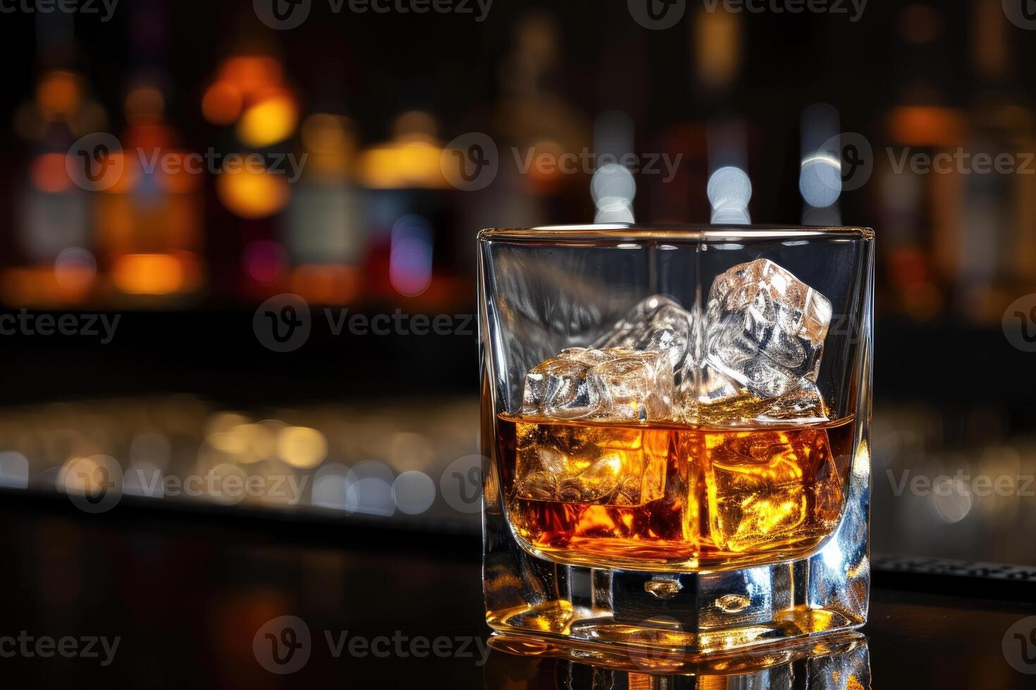 ai gerado vidro do uísque e gelo em a bar, Confira, álcool, quieto luxo foto