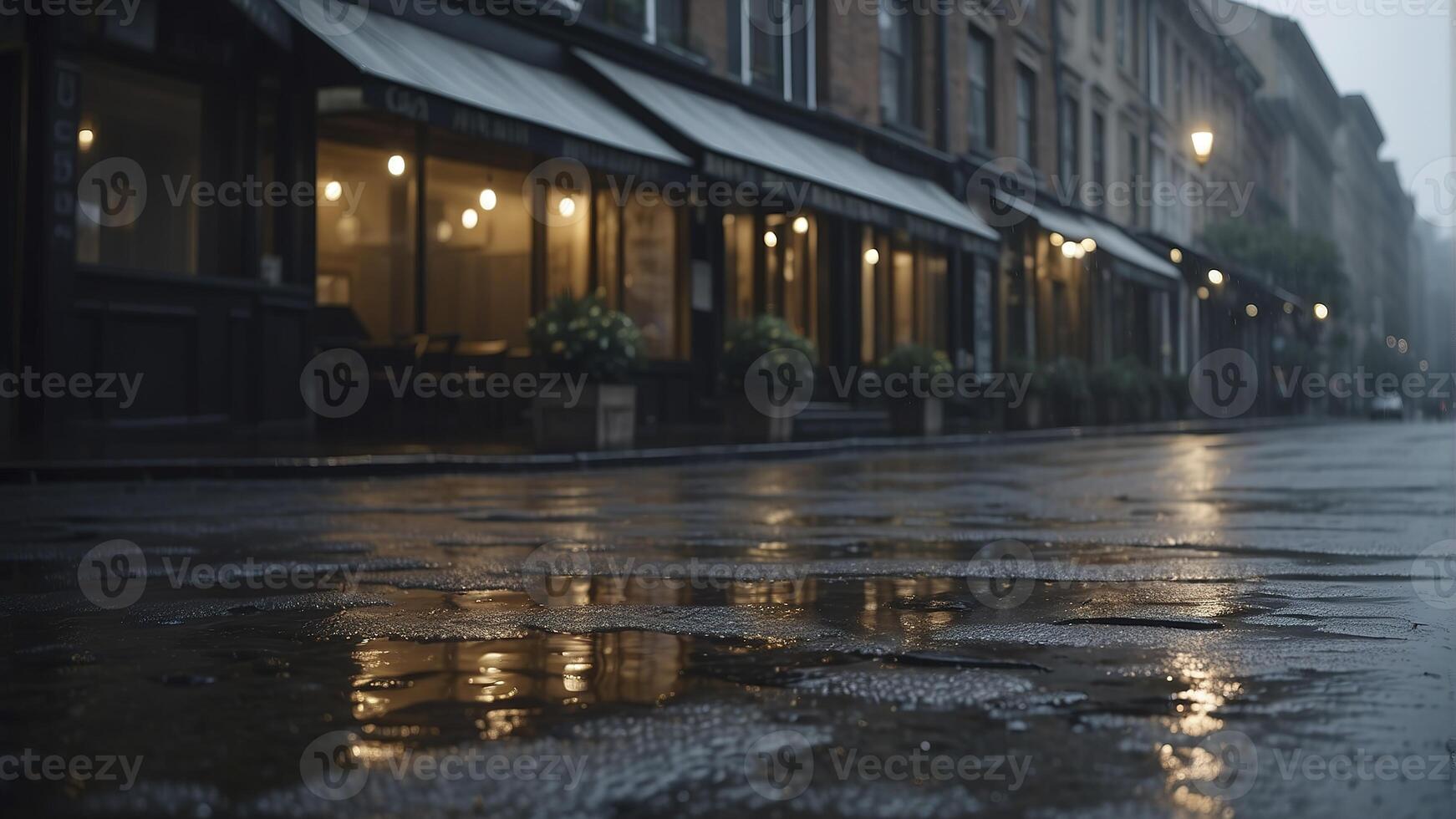 ai gerado chuvoso dia dentro a cidade, chuvoso dia cena, esvaziar rua, chuva gotas em a terra foto