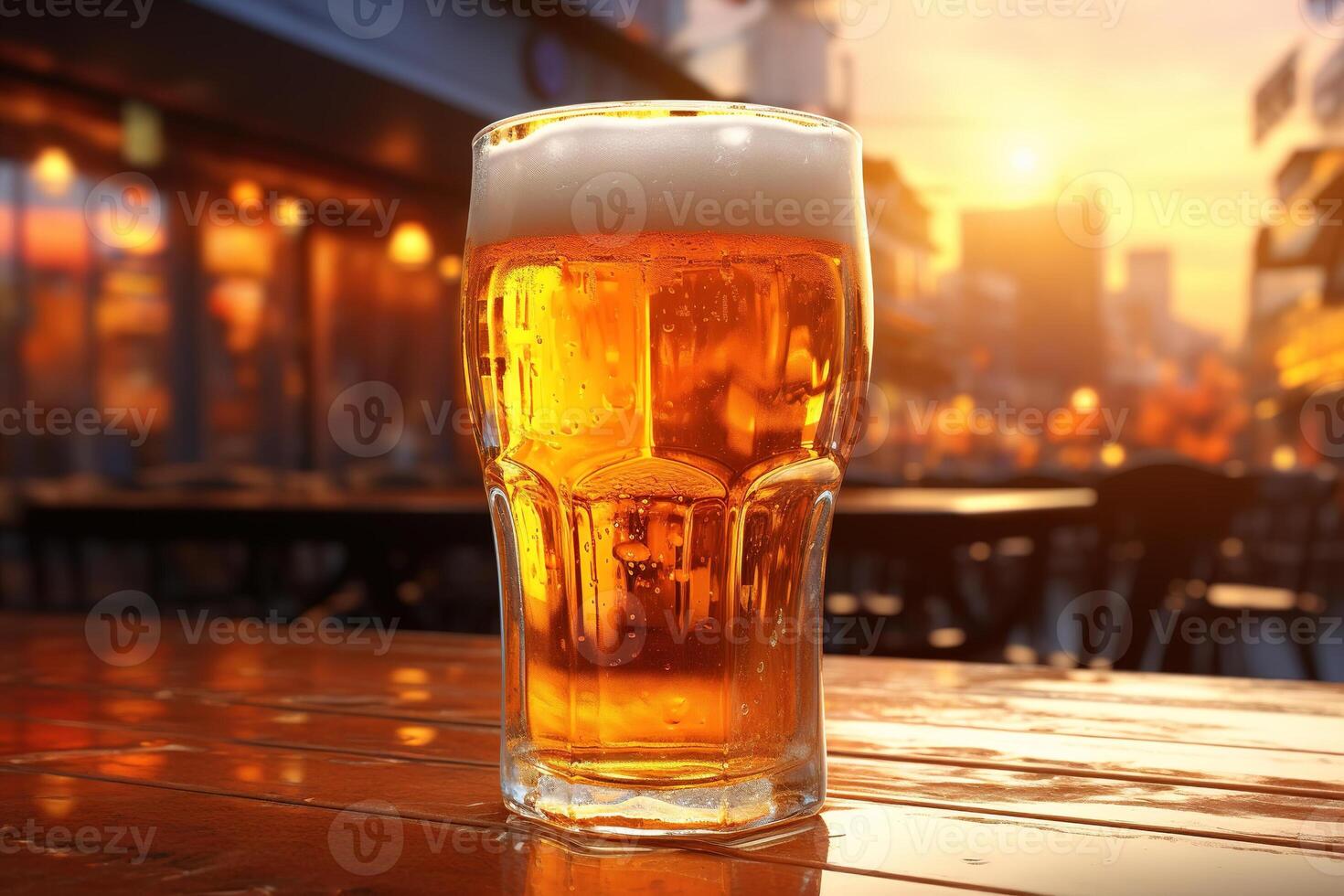 ai gerado vidro do luz espumoso Cerveja em mesa do uma rua cafeteria em uma ensolarado noite, fechar-se do a alcoólico beber foto