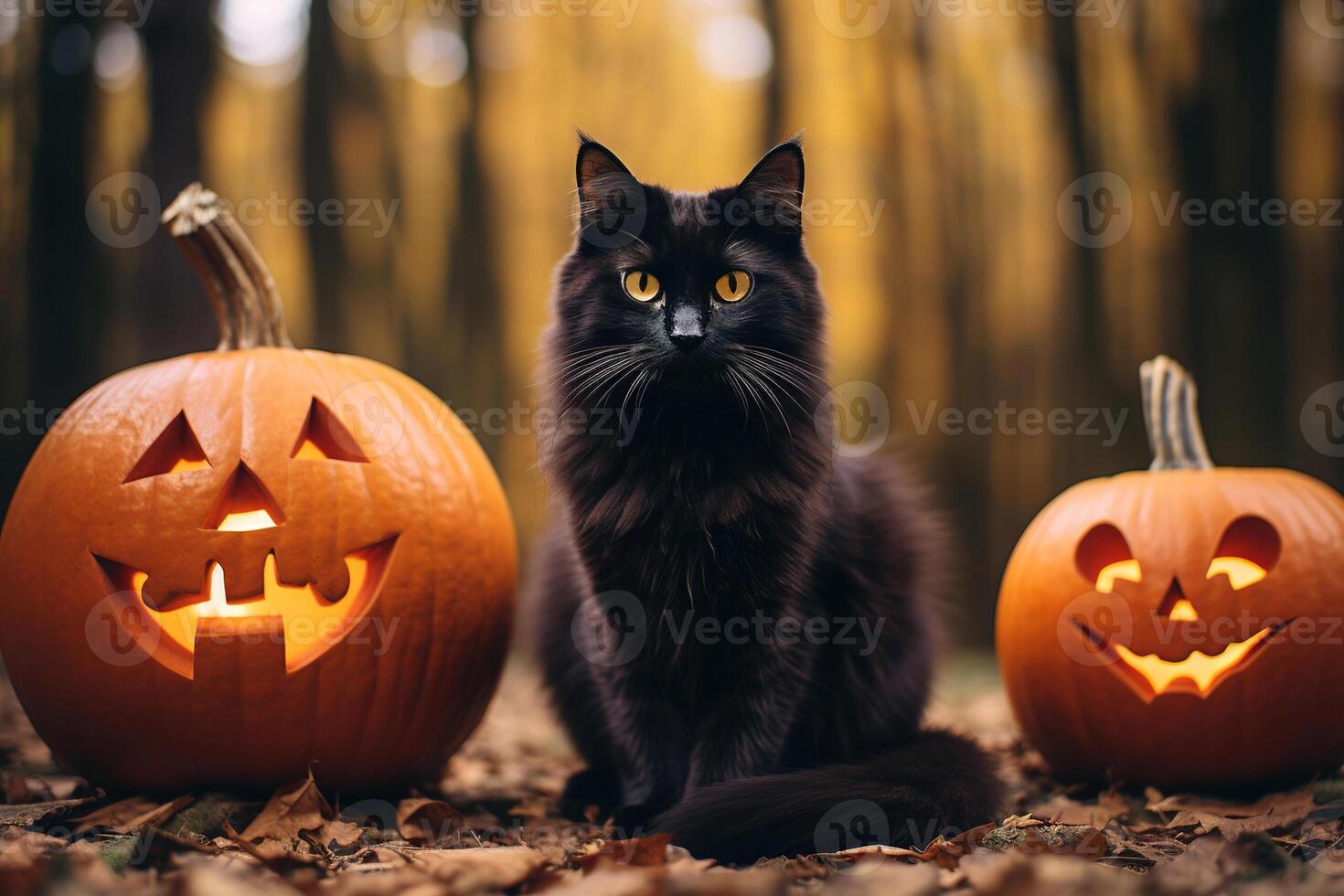ai gerado sinistro dia das Bruxas Preto gato e laranja decorado abóboras dentro a outono floresta foto