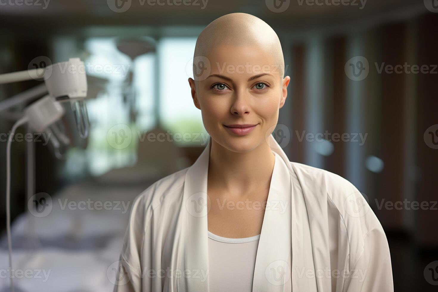 ai gerado positivo sorridente Careca jovem mulher passando por quimioterapia tratamento dentro hospital quarto e olhando às Câmera. tumor Câncer doença, remédio conceito foto