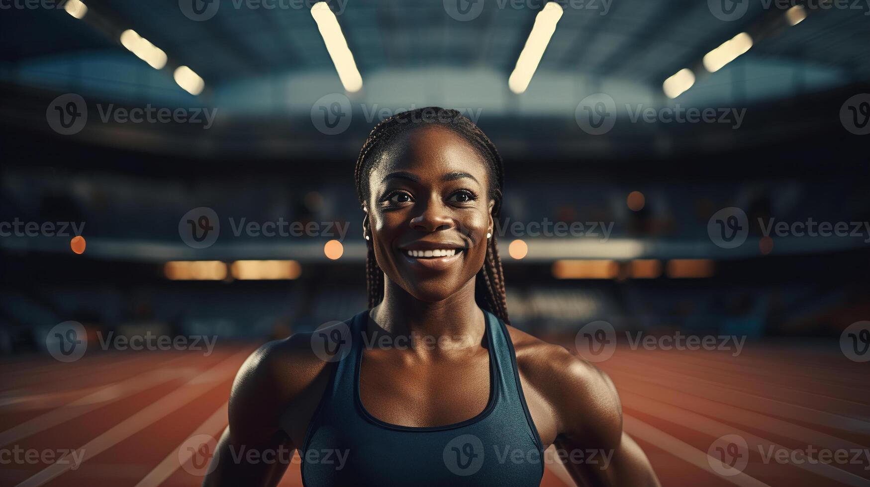 ai gerado feliz Forte Atlético africano americano mulher corredor Treinamento dentro interior estádio, frente Visão retrato foto