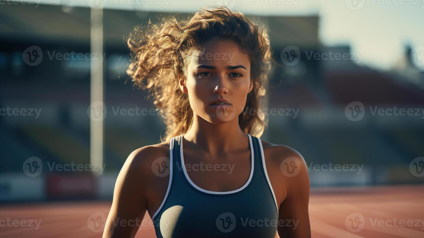 ai gerado focado sério jovem em forma mulher corredor Treinamento às estádio ao ar livre foto