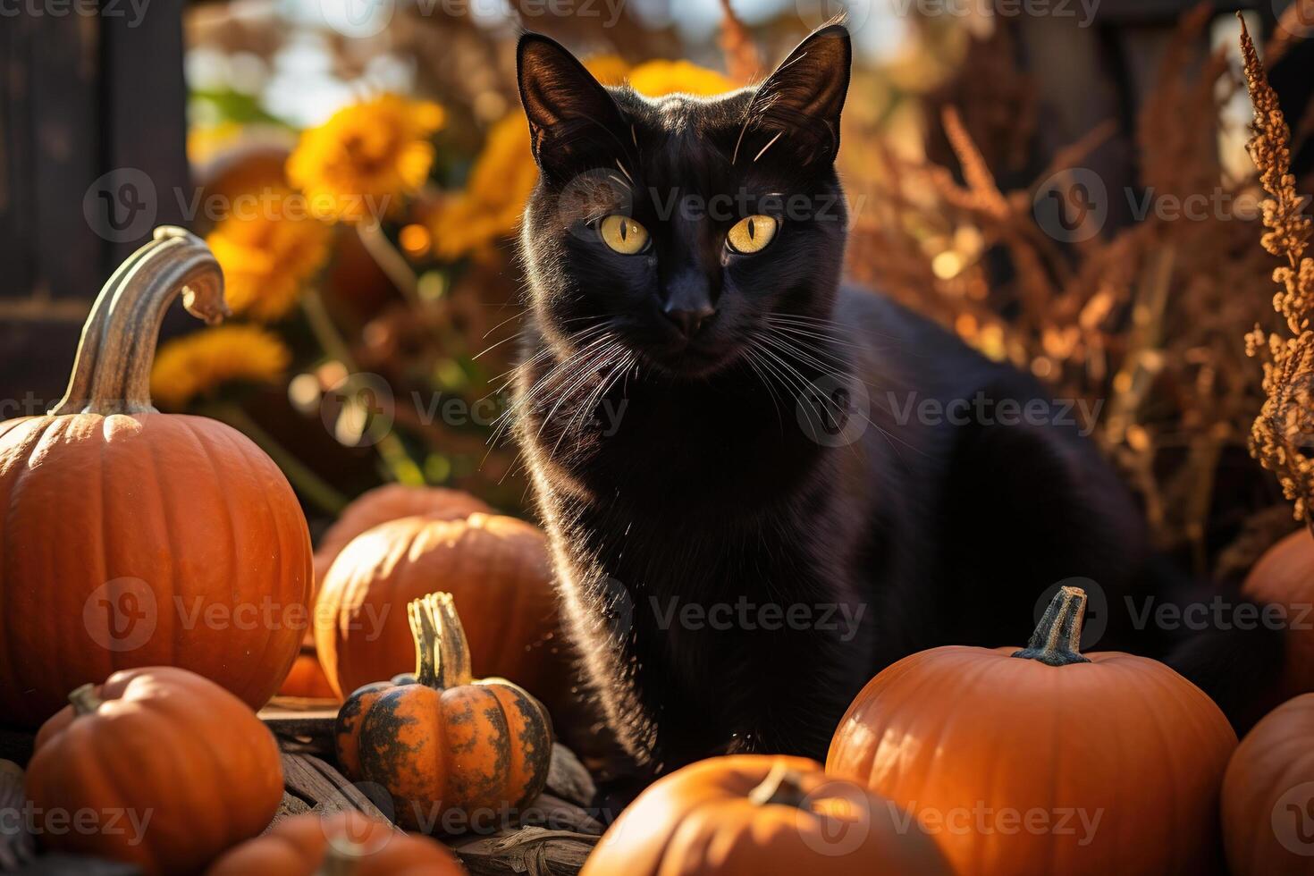 ai gerado Preto gato e laranja abóboras ao ar livre em outono dia. dia das Bruxas conceito foto
