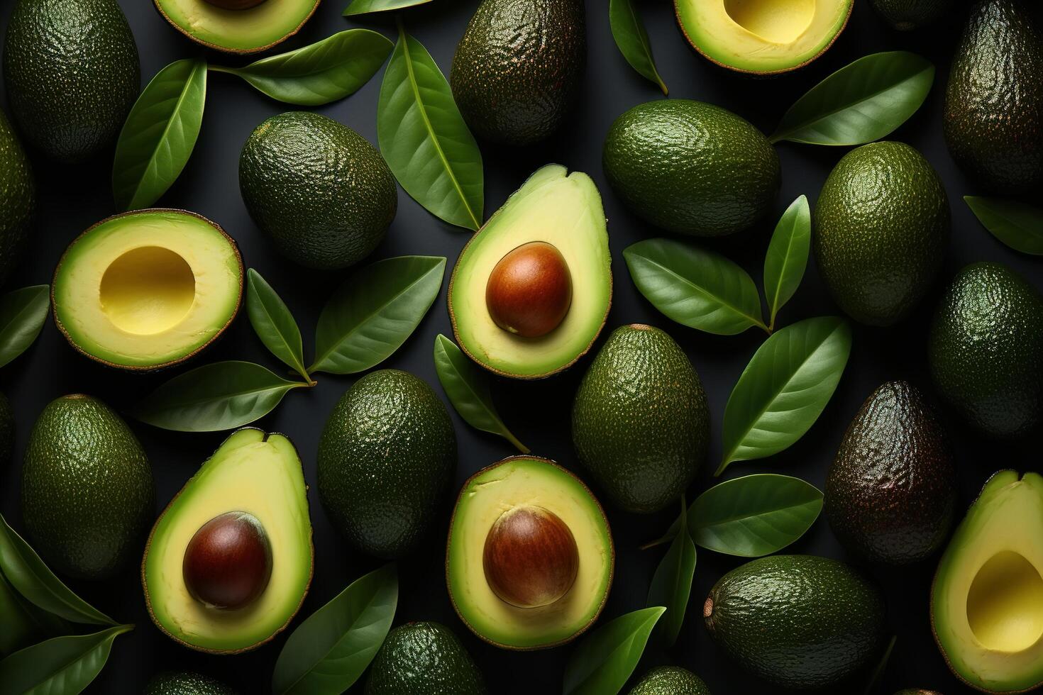 ai gerado abacate padrão, topo Visão verde fresco tropical fruta em uma Sombrio fundo foto