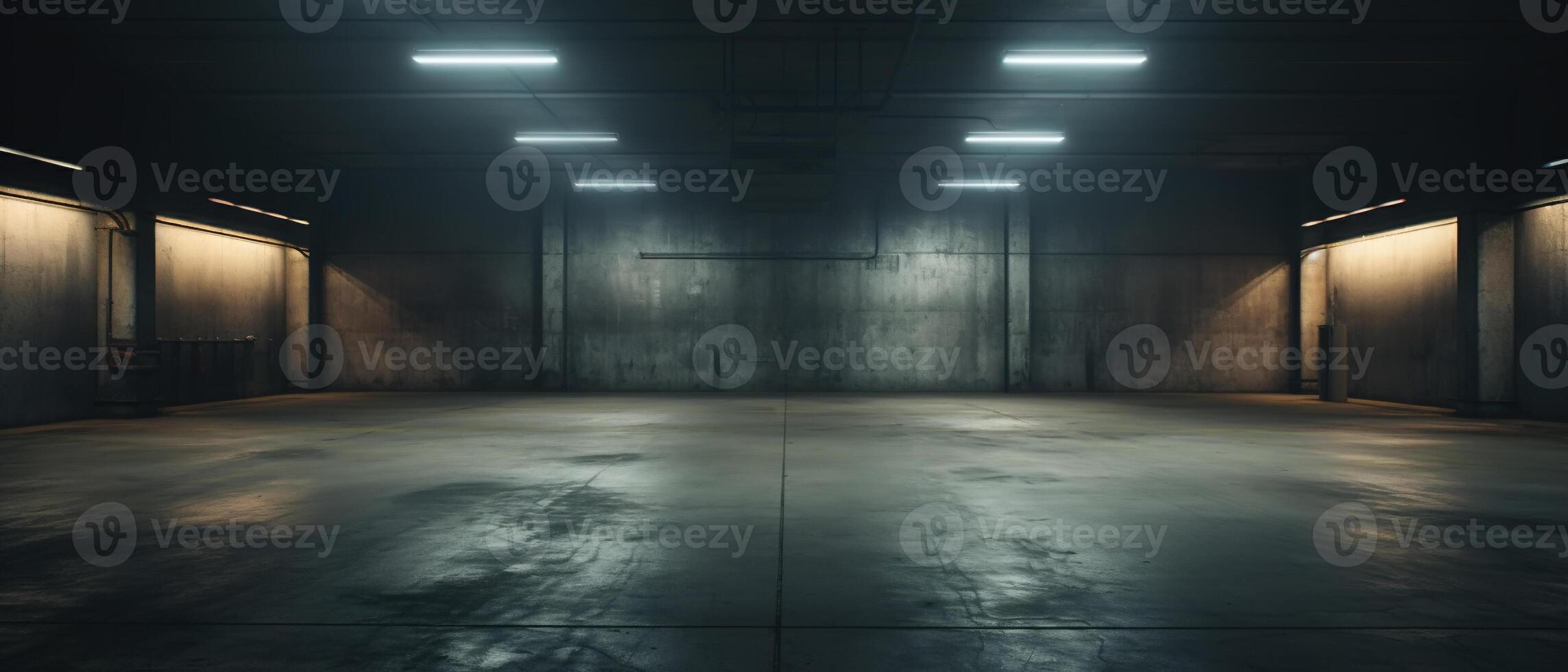 ai gerado esvaziar subterrâneo garagem estacionamento, industrial Sombrio quarto fez do cinzento concreto foto