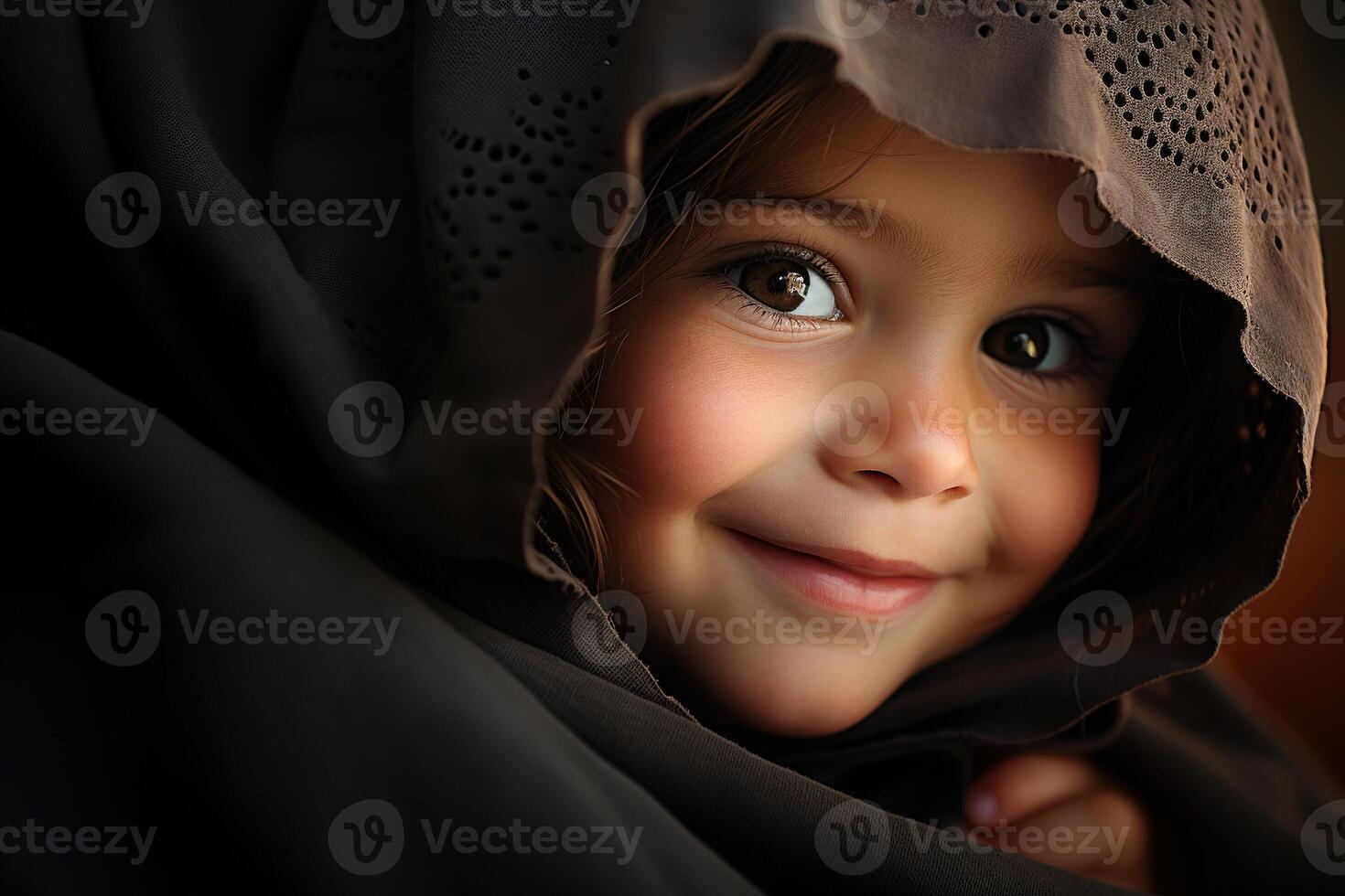 ai gerado retrato do uma lindo sorridente criança embrulhado dentro tecido, espreitar Fora pequeno caucasiano menina com grande olhos e fofa sorrir foto