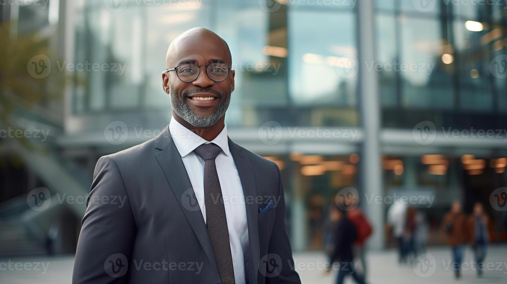 ai gerado masculino o negócio retrato estilo de vida. sorridente adulto bem sucedido africano americano homem de negocios dentro terno, Gerente ou escritório trabalhador em pé ao ar livre contra arranha-céu fundo foto