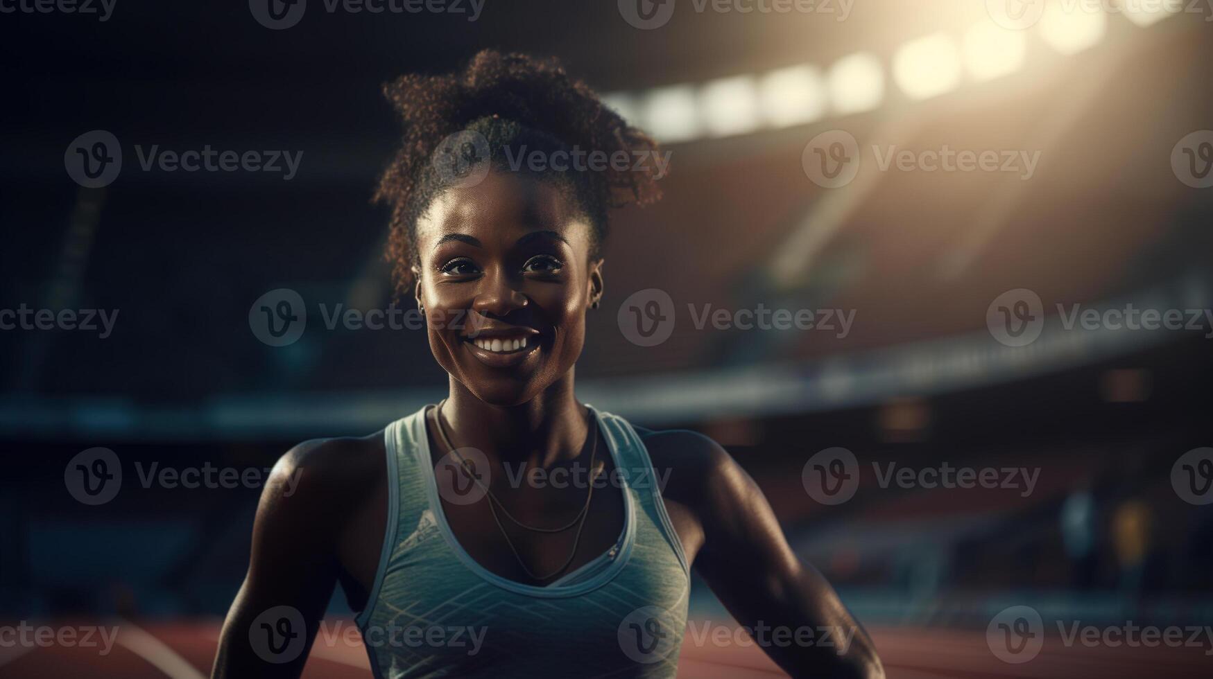 ai gerado Forte Atlético africano americano mulher corredor Treinamento dentro interior estádio foto