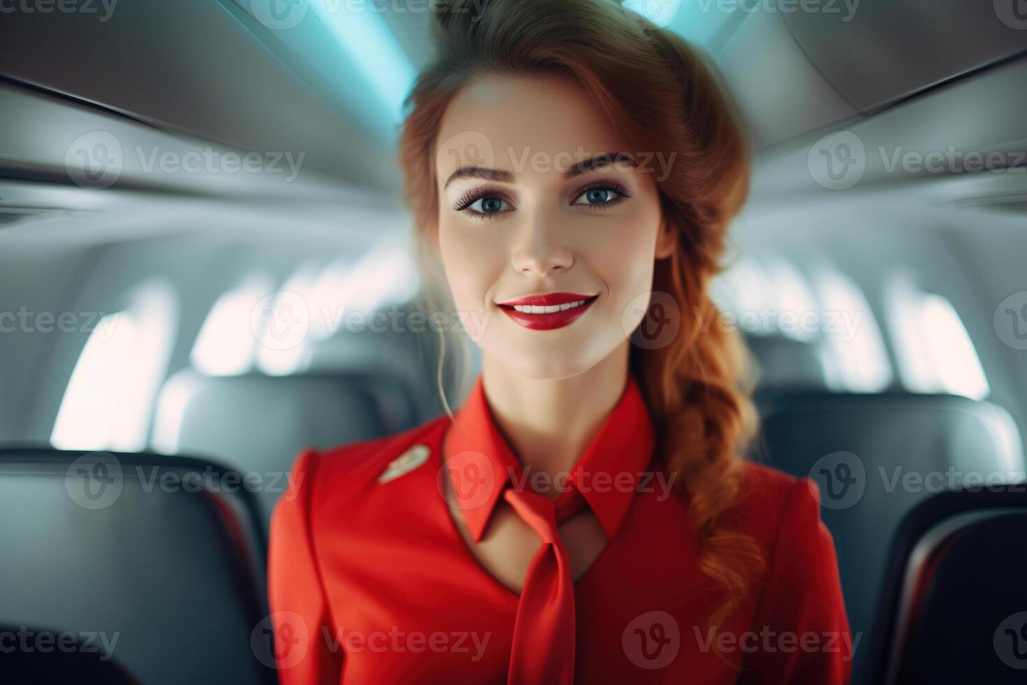 ai gerado retrato do uma sorridente jovem mulher comissária de bordo ou voar atendente dentro uma vermelho uniforme em borda a avião dentro a cabine olhando às Câmera. ar serviço, viagem e turismo conceito foto