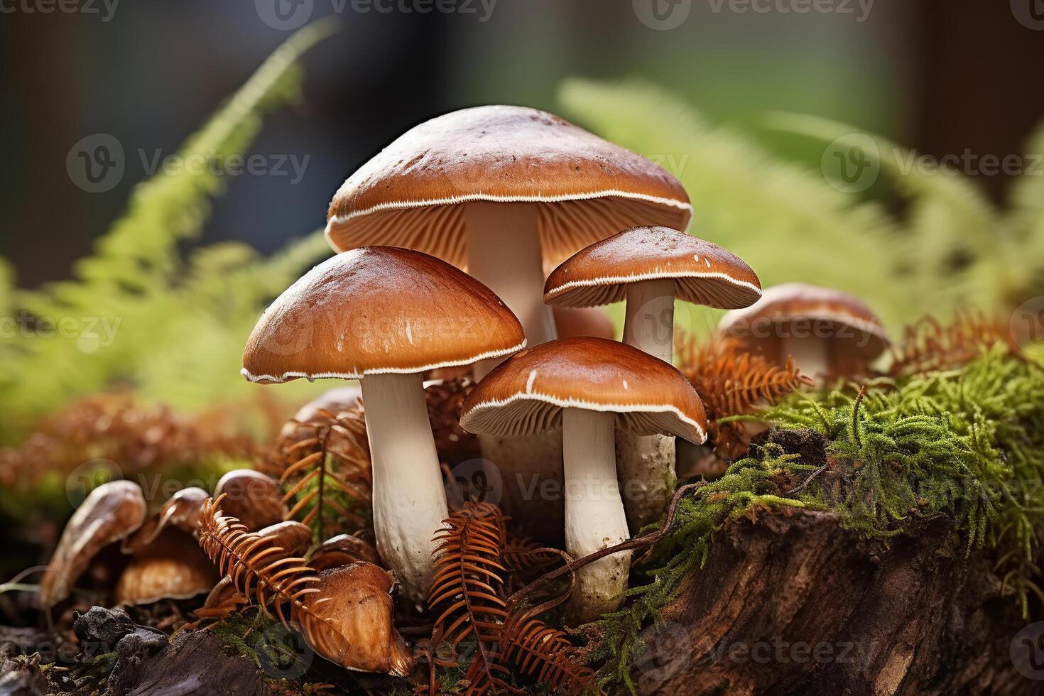 ai gerado comestível cogumelos crescendo dentro floresta, fechar-se foto