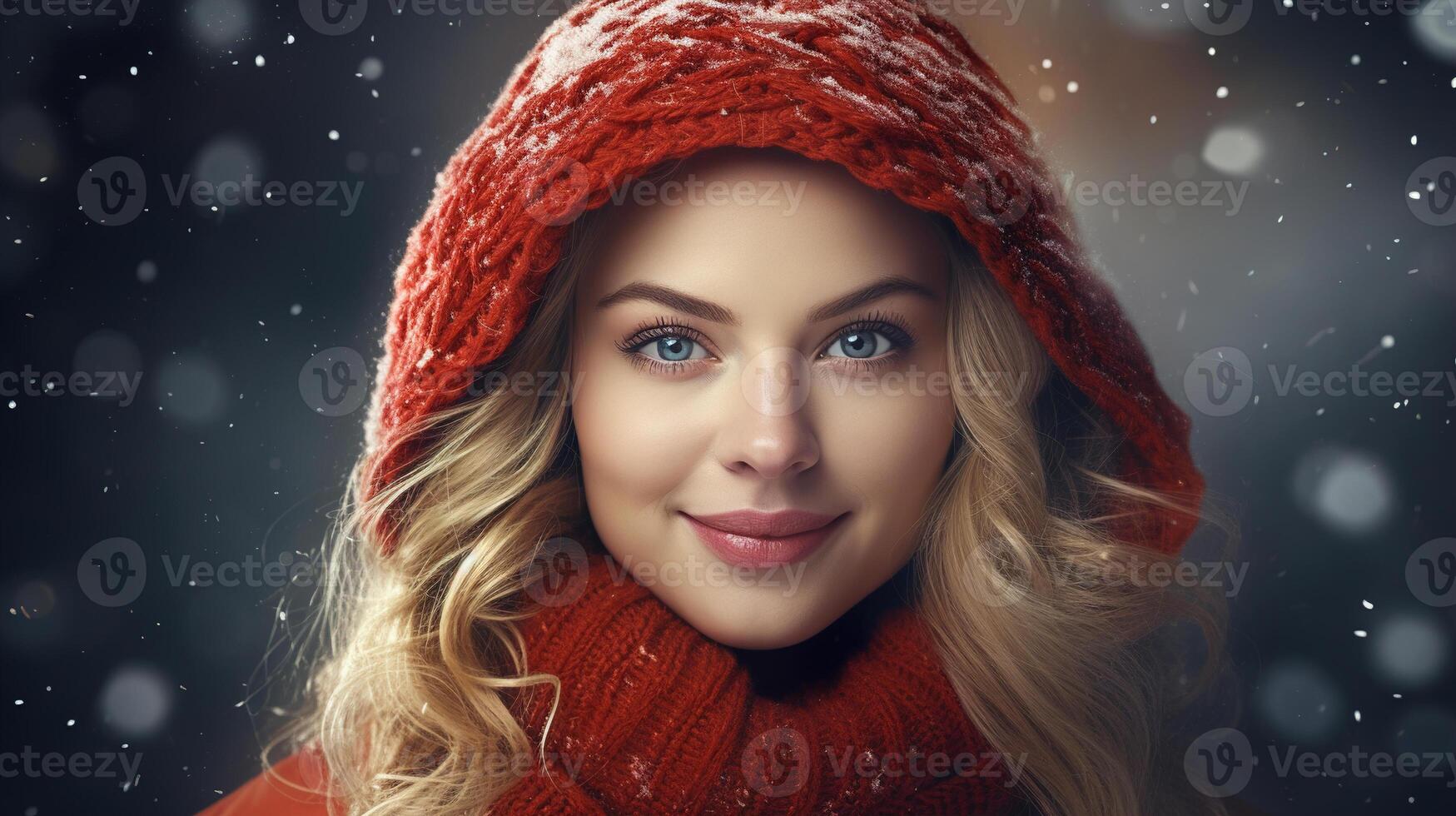 ai gerado retrato do sorridente jovem bonita mulher dentro vermelho tricotado agasalhos dentro Nevado inverno ao ar livre foto