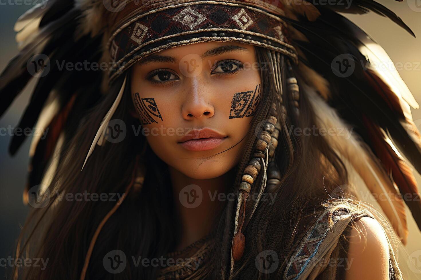 ai gerado bonita jovem indiano mulher com penas em dela cabeça olhando às Câmera. nativo fêmea habitante do norte América foto