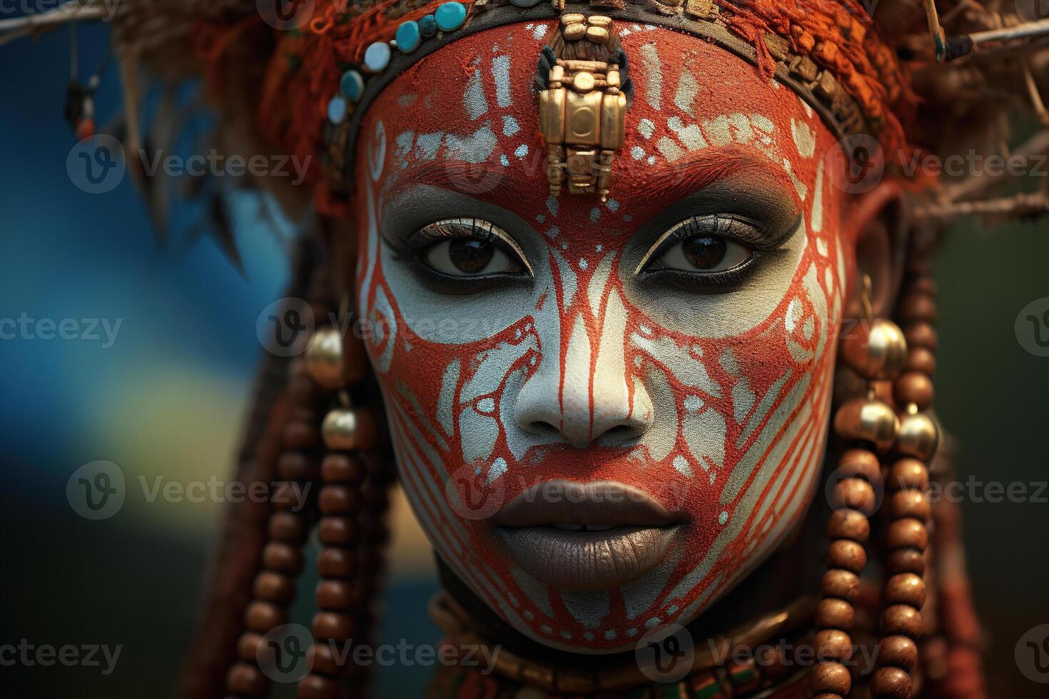 ai gerado Tiros na Cabeça retrato do uma lindo primitivo tribal mulher com tradicional face pintura e joalheria olhando às Câmera foto