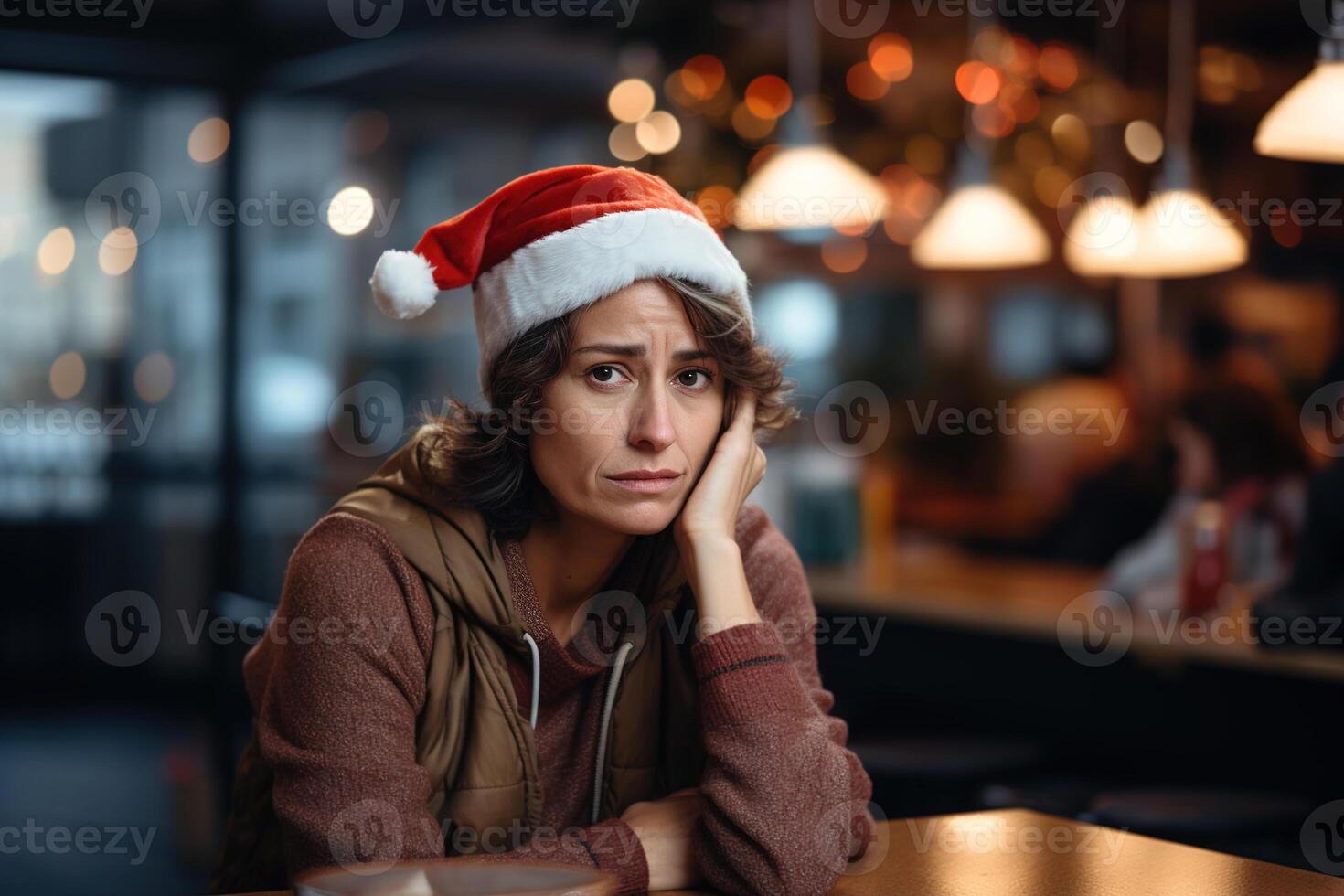 ai gerado chateado adulto solitário mulher dentro vermelho santa chapéu sentindo-me triste sozinho sentado dentro bar, azarado Natal feriado foto