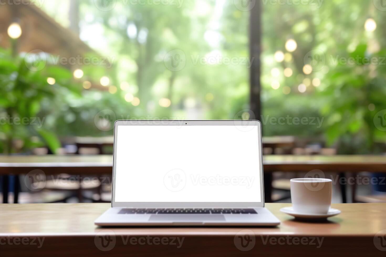 ai gerado computador portátil brincar em pé em uma coworking mesa com uma caneca do café em uma jardim fundo. computador portátil com uma branco em branco tela em uma mesa dentro uma cafeteria, dentro de casa foto