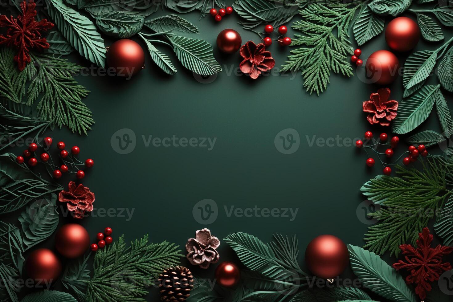 ai gerado natural quadro, Armação com esvaziar espaço para texto decoração vermelho bolas e abeto galhos em uma verde fundo, alegre Natal conceito foto