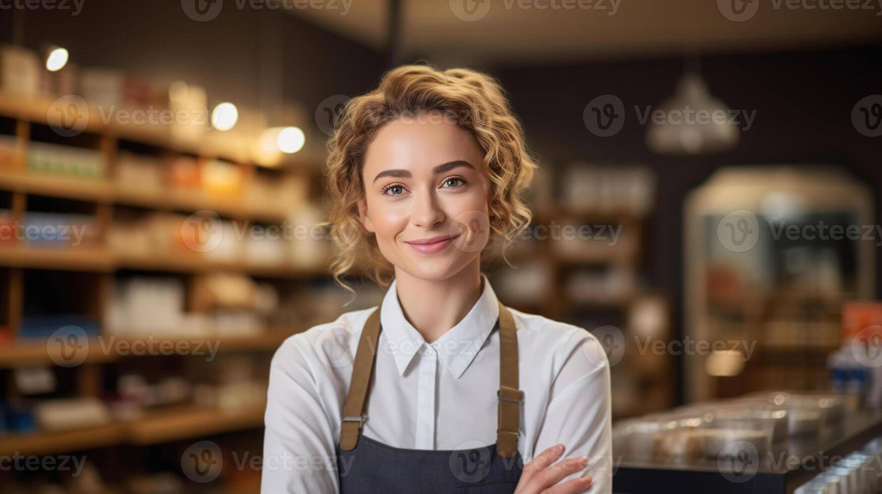 ai gerado empreendedor ou confiante sorridente empresária proprietário do varejo loja pastelaria fazer compras foto