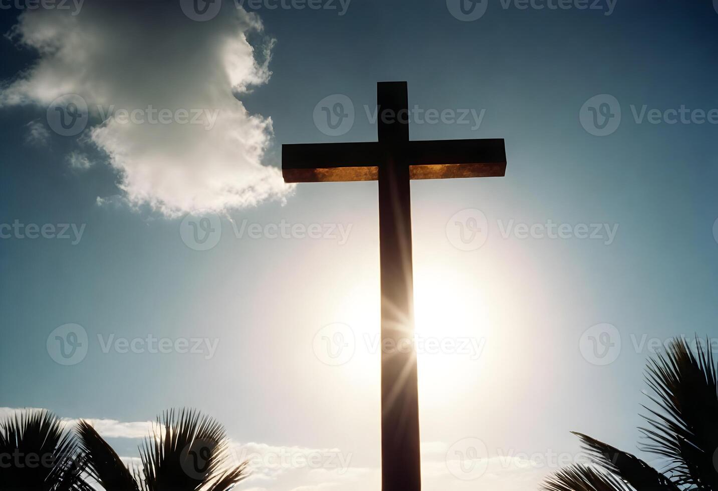 ai gerado uma Cruz é recortado contra a Sol e Palma árvore foto