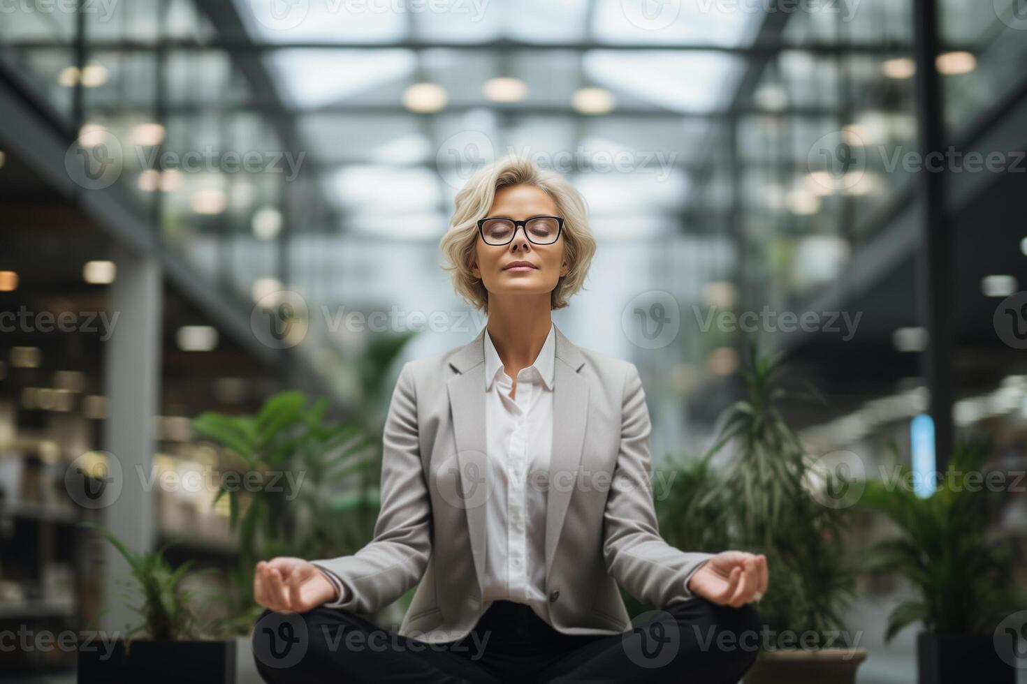 ai gerado estresse resistência, relaxamento, meditação conceito. calma adulto o negócio mulher meditando dentro escritório corredor, frente Visão do fêmea Gerente praticando ioga às trabalhos foto