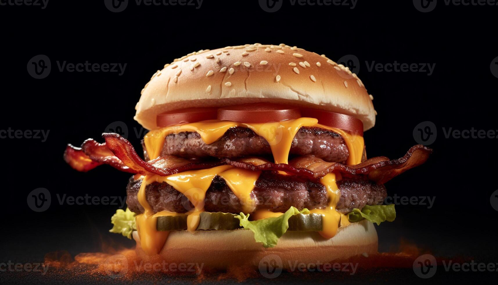 ai gerado gourmet grelhado Hamburguer de queijo em Preto fundo, fresco e delicioso gerado de ai foto