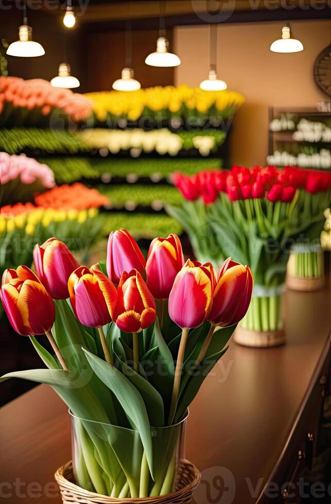 ai gerado colorida buquês do tulipas dentro uma flor fazer compras - fresco cortar flores dentro caixas e vasos dentro uma armazém e prateleiras para oferta, Entrega para a feriado. primavera, marcha 8, mulheres dia, aniversário. foto