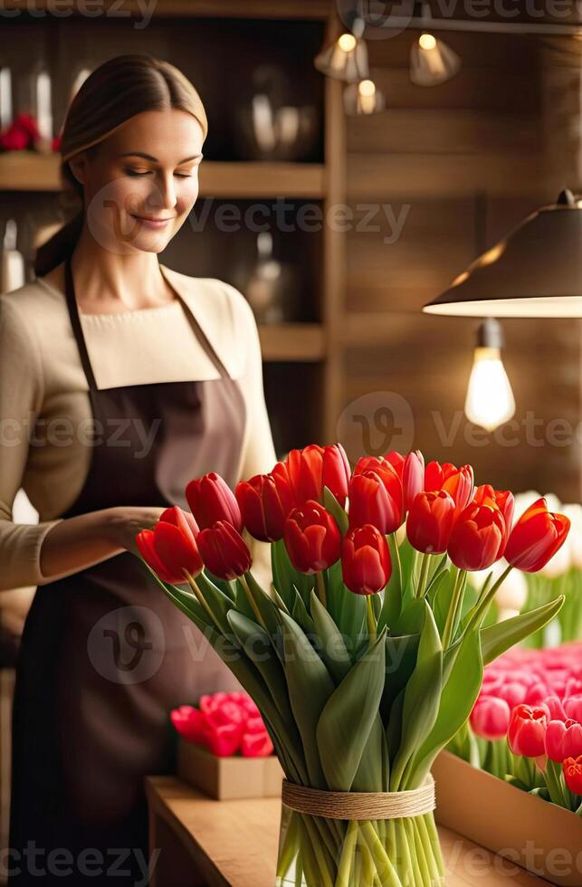 ai gerado uma fêmea florista coleta uma ramalhete do tulipas - fresco cortar flores dentro caixas e vasos dentro uma armazém e prateleiras para oferta, Entrega para a feriado. primavera, marcha 8, mulheres dia, aniversário. foto