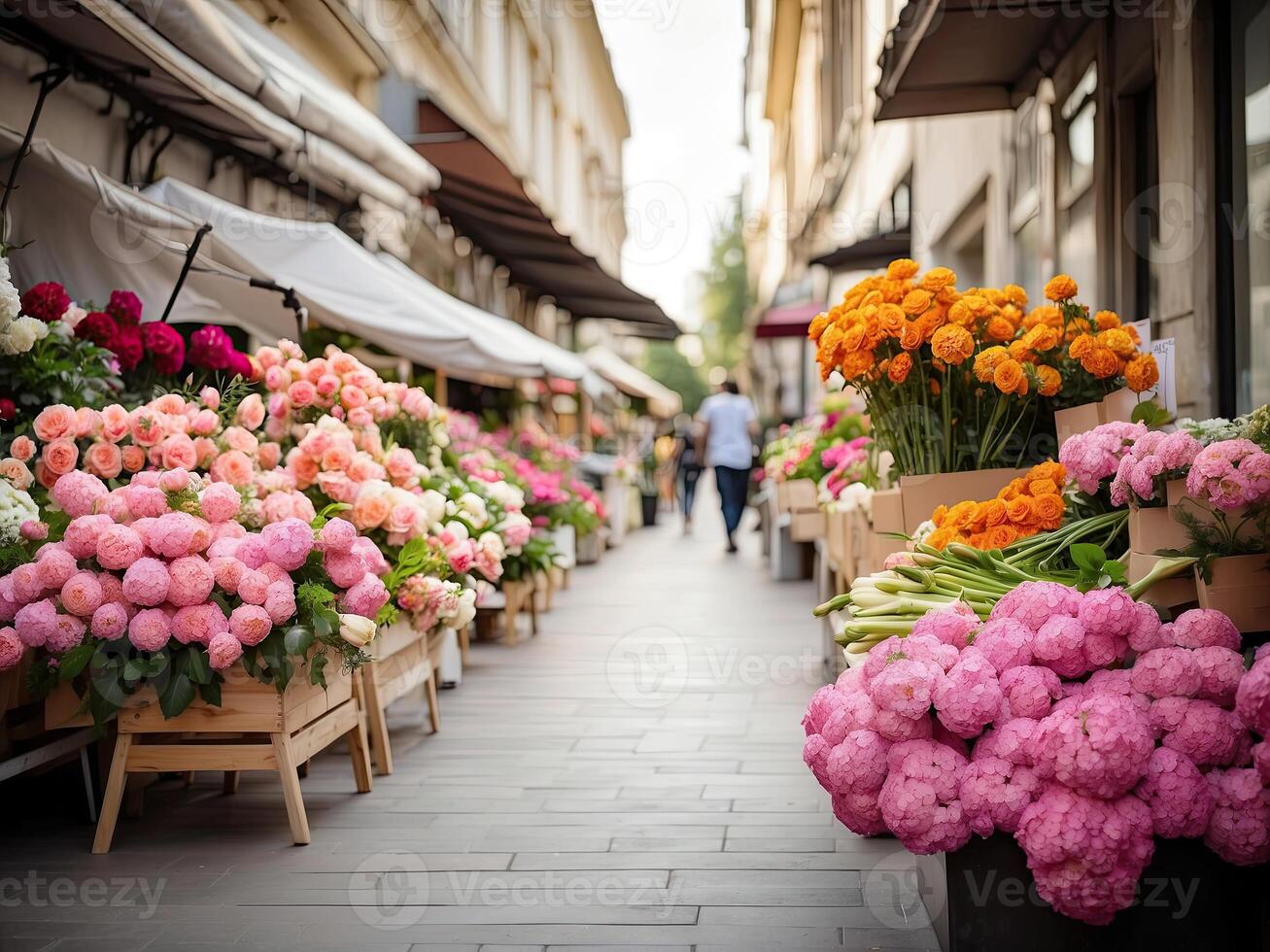 ai gerado flor mercado em a ensolarado rua do a cidade - viver cortar buquês estão vendido em ao ar livre barracas. ai gerado foto