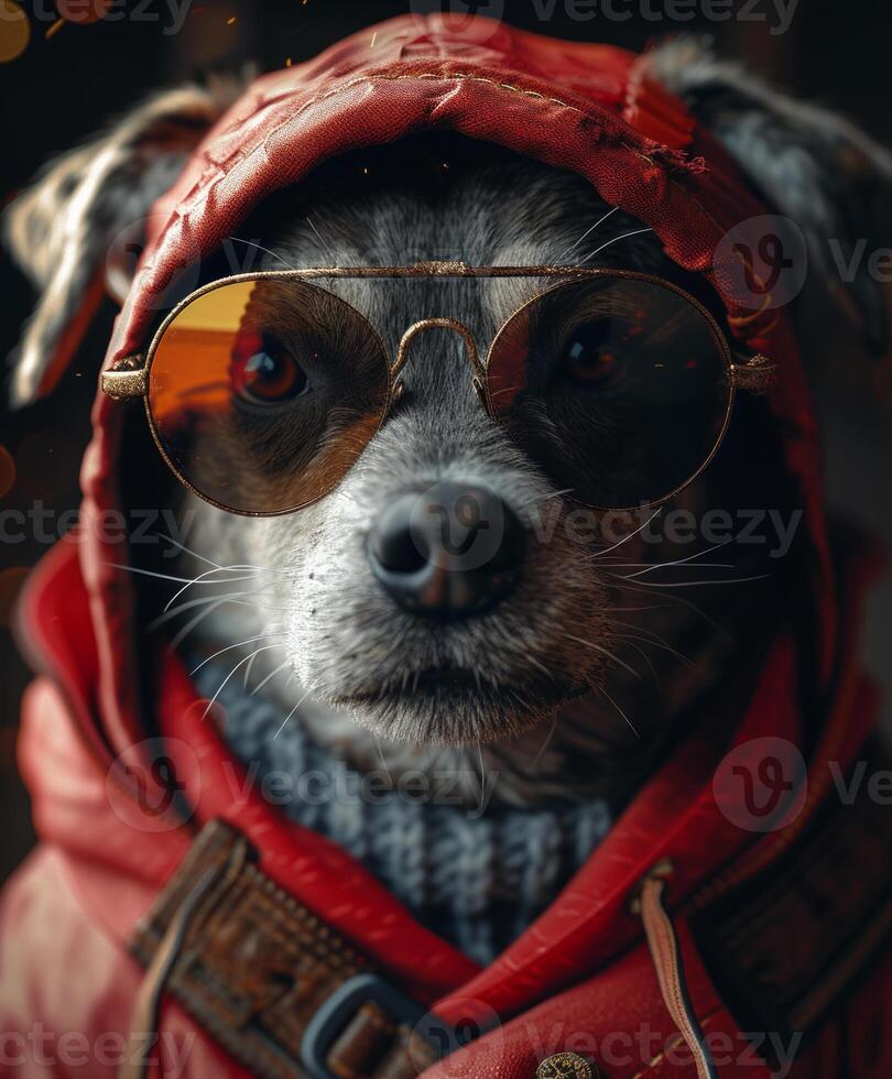 ai gerado cachorro dentro vermelho Jaqueta e óculos foto