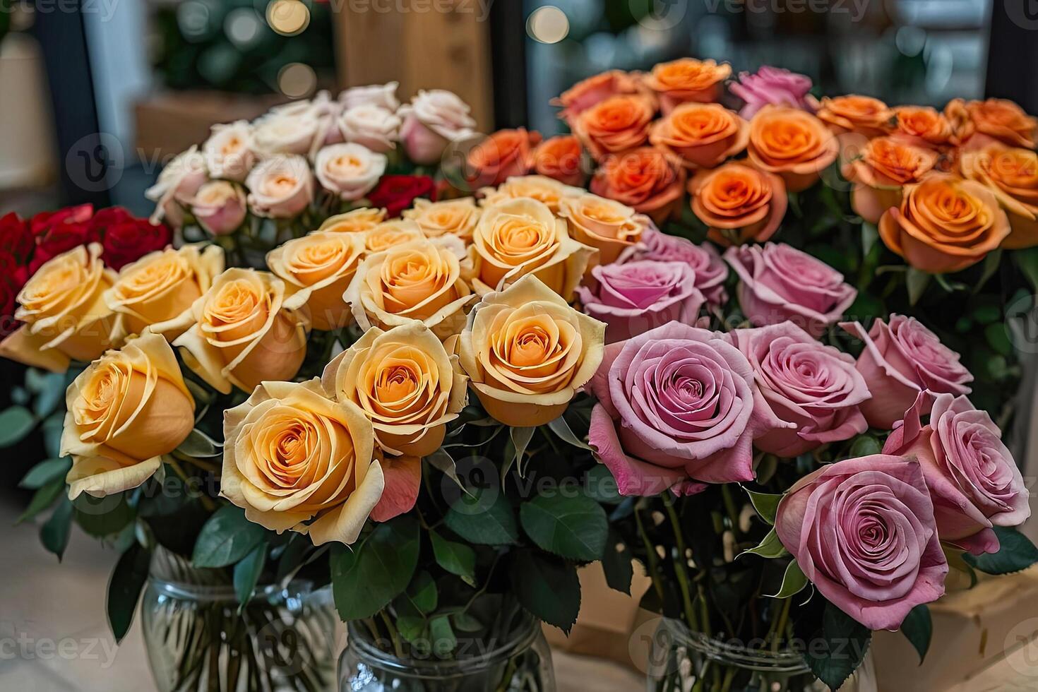 ai gerado multicolorido rosas dentro uma flor fazer compras - fresco fornecem do cortar flores para Primavera feriados, floral fazer compras. ai gerado foto
