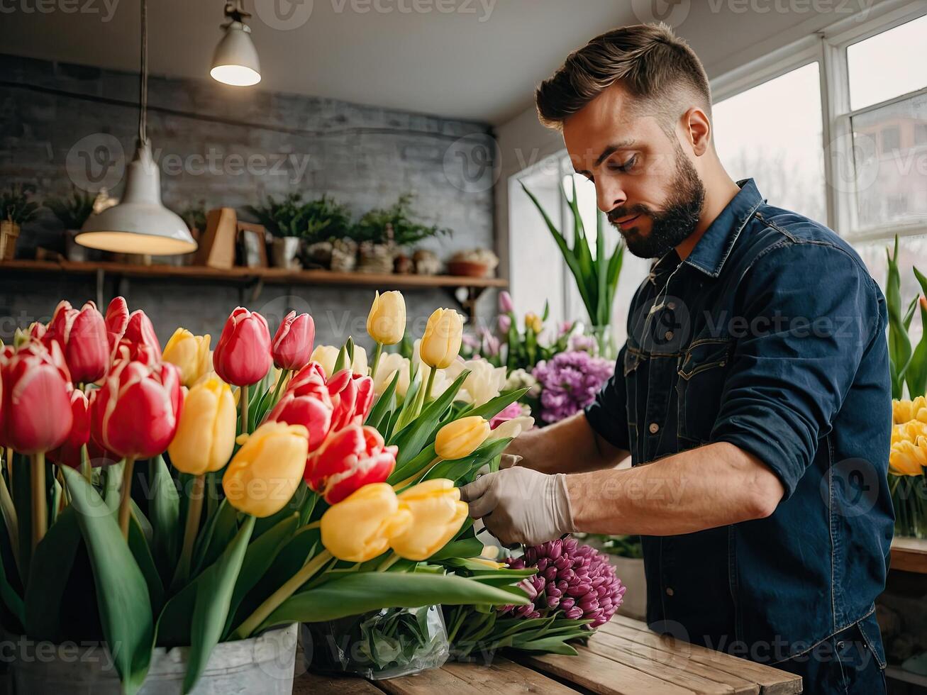 ai gerado homem florista coleta uma ramalhete do tulipas - fresco cortar flores dentro caixas e vasos dentro uma armazém e prateleiras para oferta, Entrega para a feriado. primavera, marcha 8, mulheres dia, aniversário foto