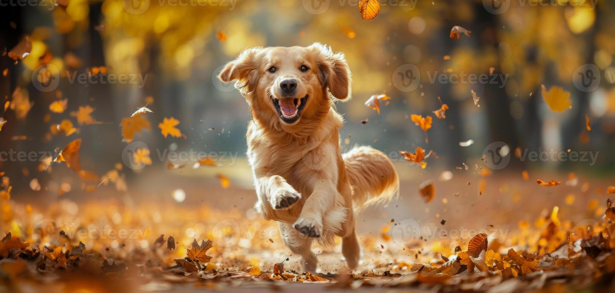 ai gerado feliz dourado retriever jogando dentro outono folhas foto