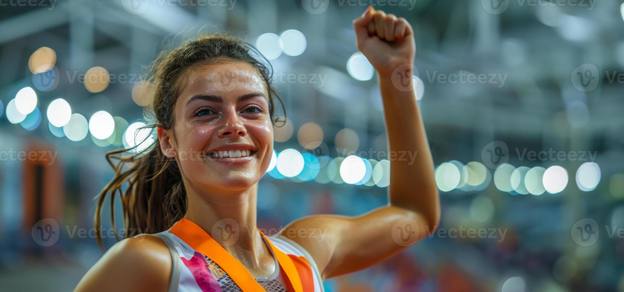 ai gerado fêmea atleta a comemorar ganhar com uma punho bomba foto