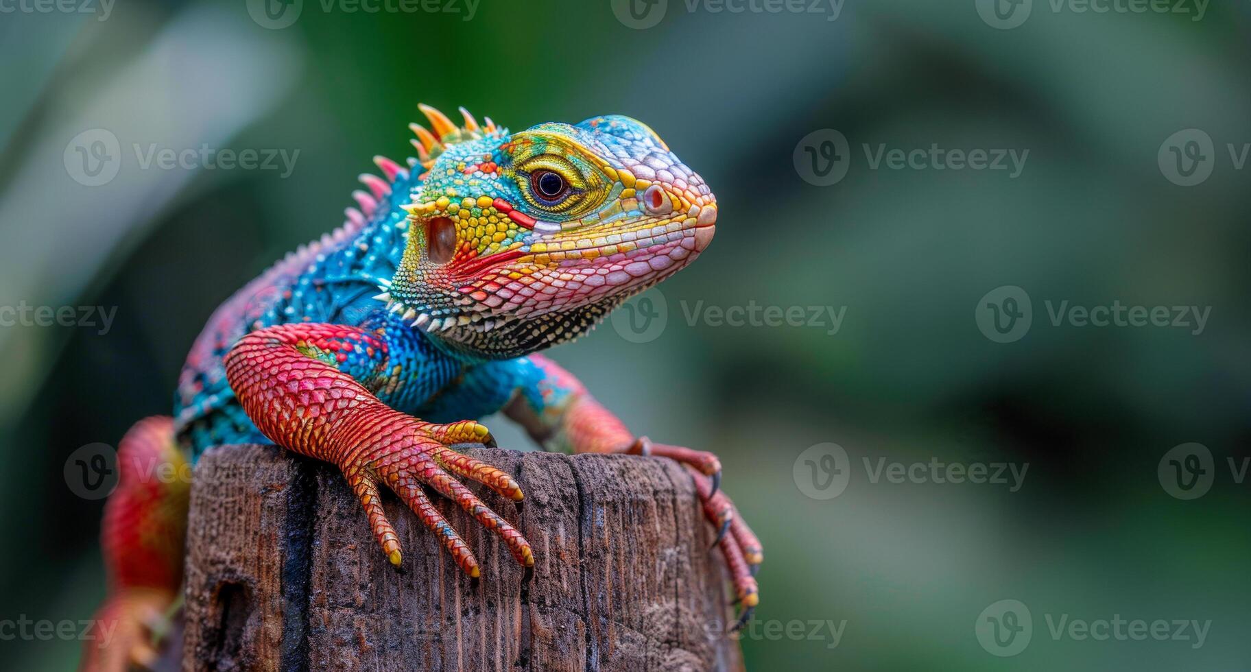 ai gerado colorida pantera camaleão empoleirado em uma toco foto