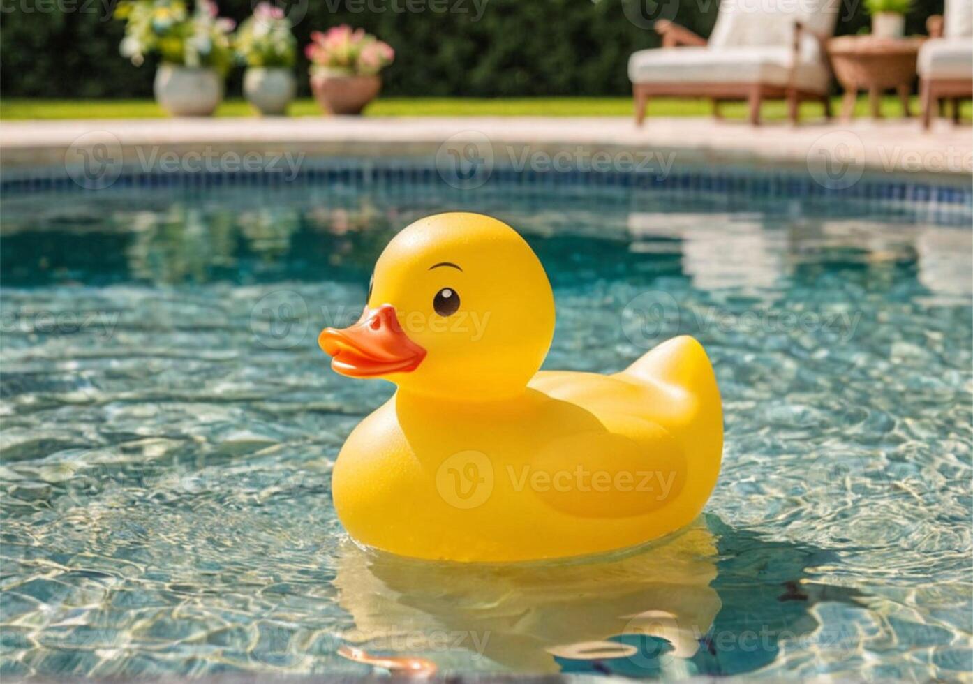 ai gerado amarelo borracha Pato dentro a água dentro a piscina dentro a quintal do uma lindo lar. suave luz do dia. foto