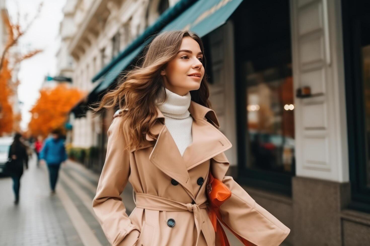 ai gerado à moda e elegante uma jovem mulher dentro uma trincheira casaco foto