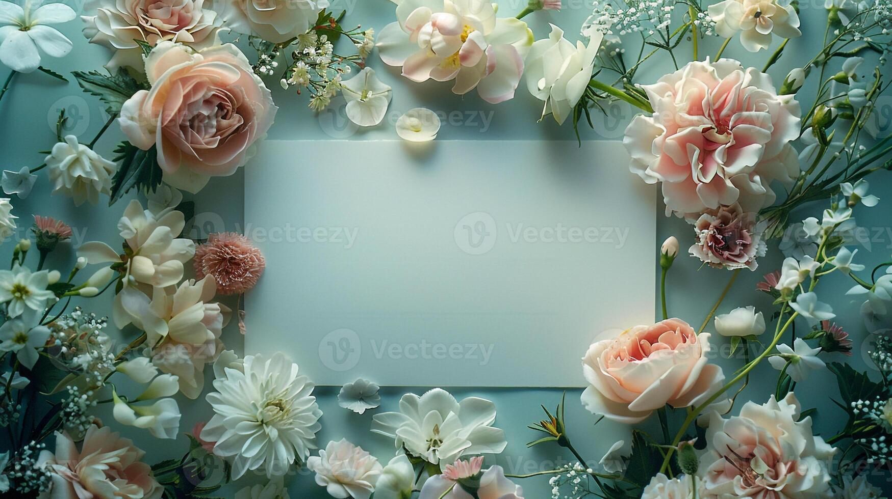 ai gerado Primavera serenidade elegante Casamento comemorativo cumprimento cartão adornado com branco flores em uma luz foto
