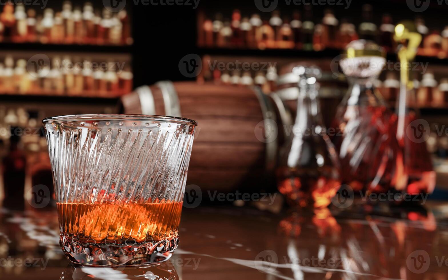 uísque ou conhaque, alcoólico bebidas dentro transparente elegante vidro. álcool dentro Claro vidro em de madeira chão mesa. em Barra contador restaurante 3d Renderização foto