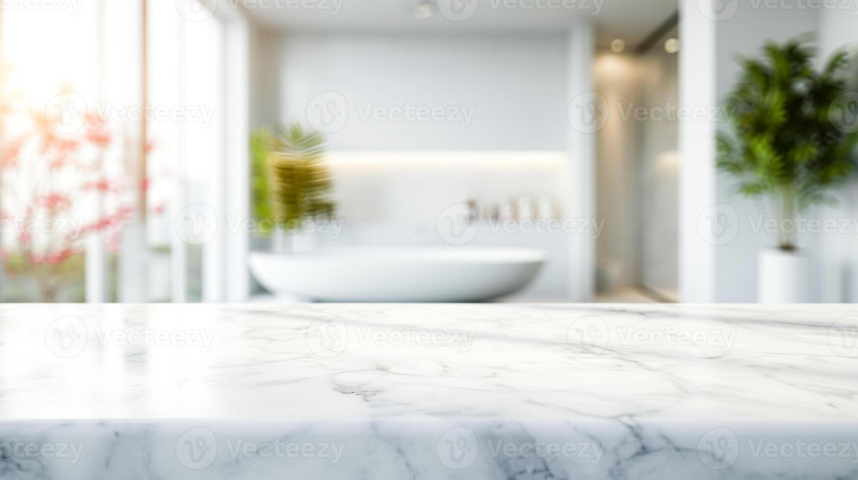 ai gerado uma borrado banheiro fundo concentrando em uma mármore contador. ideal para produtos mostrar. foto